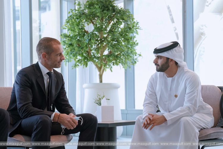 Mansoor bin Mohammed Meets President of Union of European Football Associations at Expo 2020 Dubai
