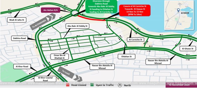 Ashghal announces temporary road closure in Al Khor Corniche St from Thursday