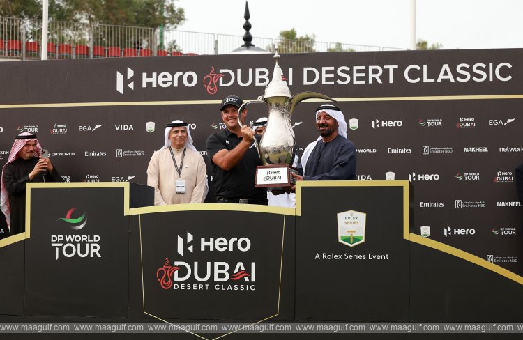 Ahmed bin Saeed presents Patrick Reed Hero Dubai Desert Classic trophy after thrilling victory