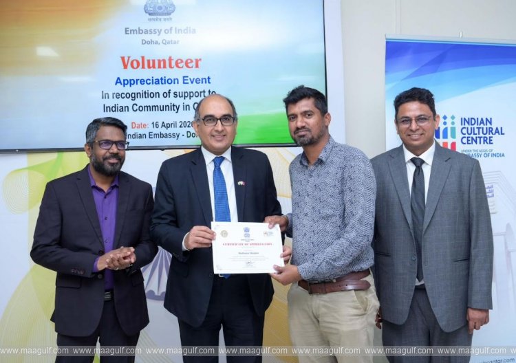 Telangana Gulf Samiti President Maidam Madhu felicitated by Embassy for services in Qatar
