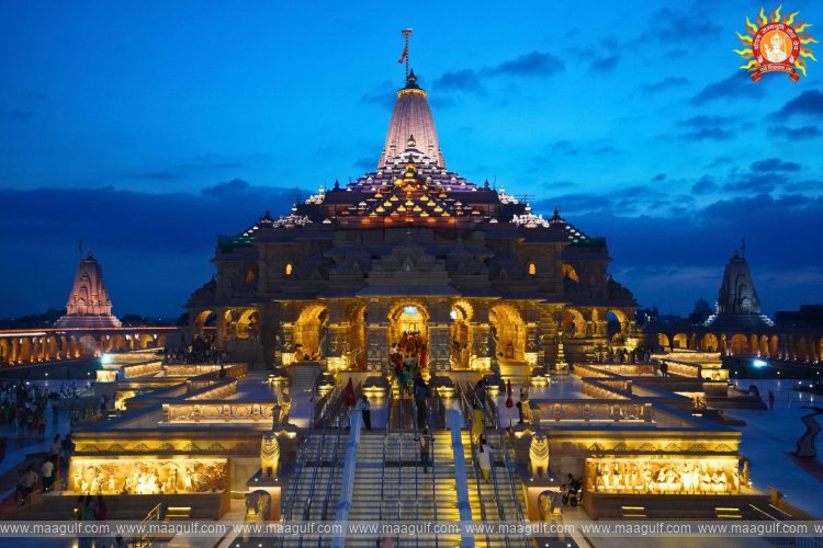 Permanent nighttime electric lighting decoration at the Sri Ram Janmabhoomi Temple