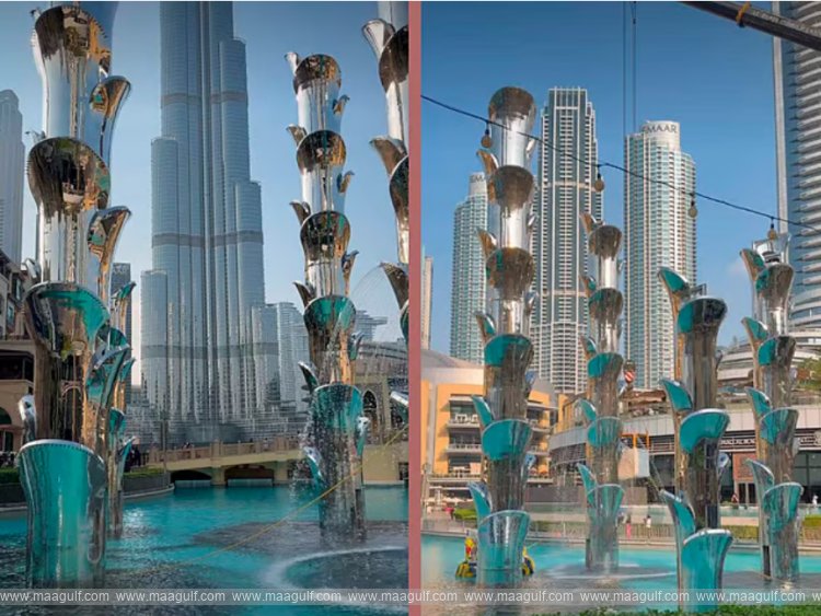 Dubai Fountain in a new look.. Impressive silver structures in Burj Lake